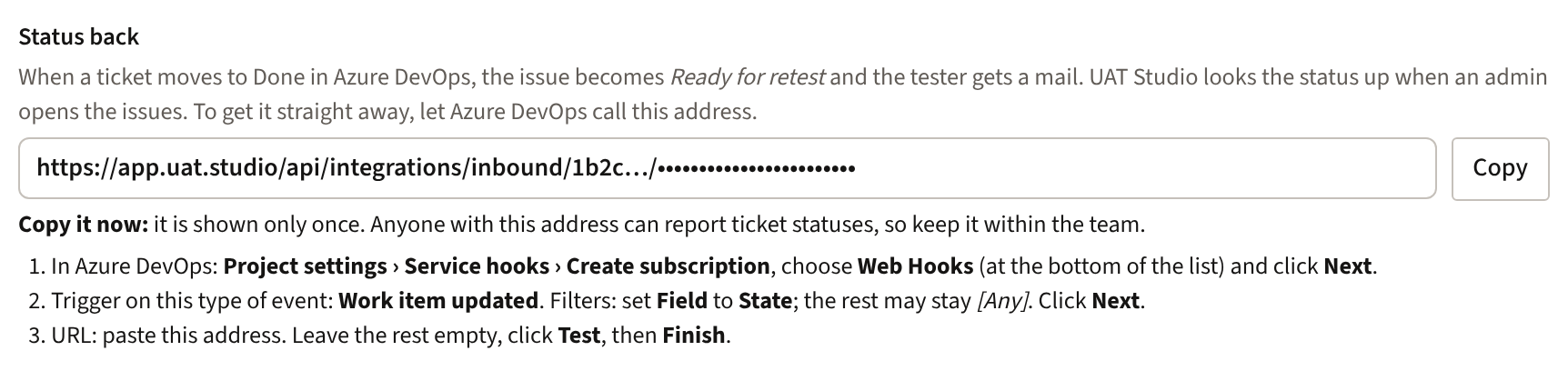 Status back in the connection: the webhook address with a Copy button and the steps for Azure DevOps