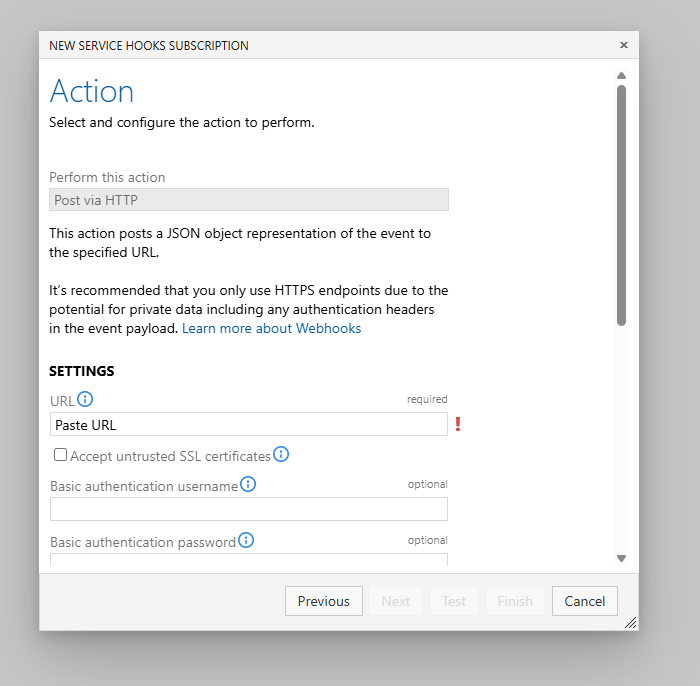 Action: Post via HTTP, with the URL field