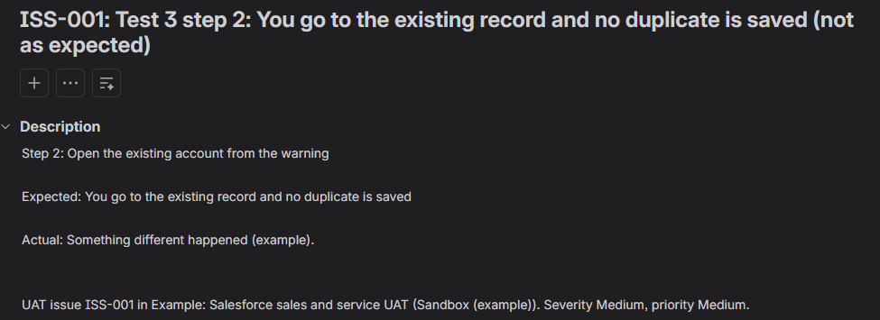 A Bug in Jira created by UAT Studio: the title ISS-001 with the failed test step, and a description with the step, the expected and the actual result