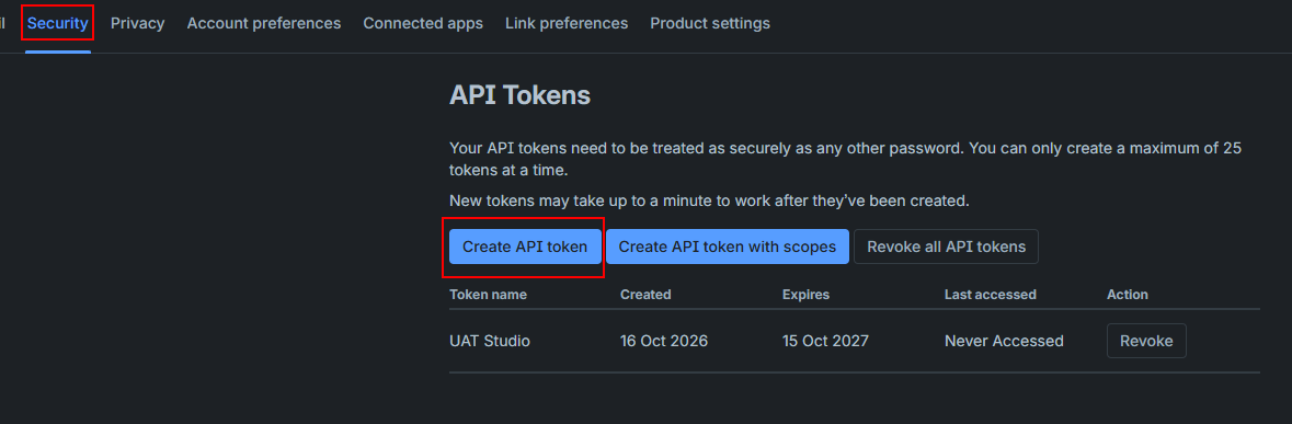 Atlassian Account, Security tab, API Tokens: the Create API token button, and a token named UAT Studio that expires after a year